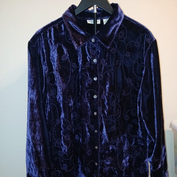 White Stag Woman Purple Velvet Embroidered Button Down Shirt Top Plus Size18W/20 - Picture 1 of 4